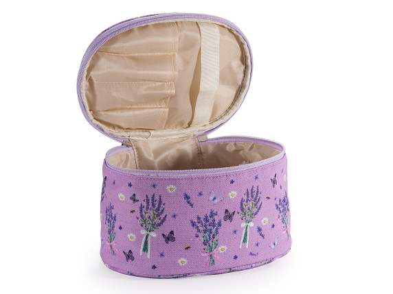 Neceser tela color lavanda tapa de 4 compartimentos y asa