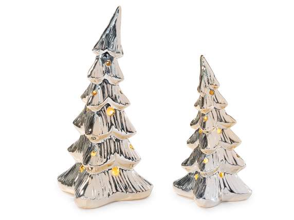 Set 2 árboles de Navidad de cerámica dorados con luces LED