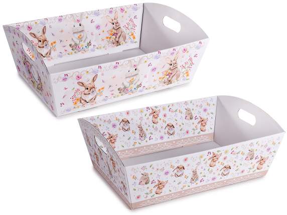 Bandeja-cesta de papel con asas y estampado de conejito