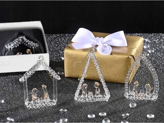 Caja 3 belenes de cristal con detalles dorados para colgar