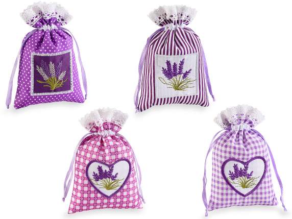 Bolsa algodón con bordado lavanda, borde de encaje y cordón
