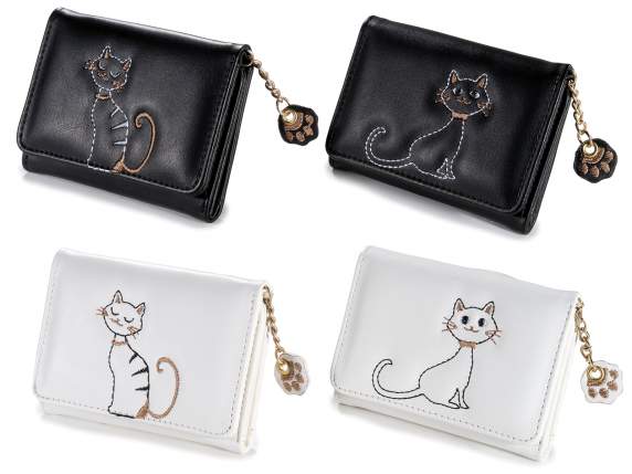 Cartera piel sintética con bordado de gato y pata