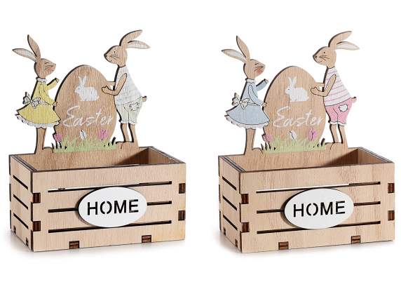 Cesta de madera forma de valla y conejitos con escrita Home