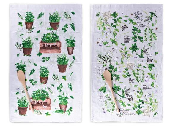 Paño de cocina de algodón con estampado de hierbas y cuchara