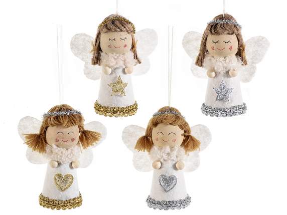 Angel de madera y tela con detalles en plata-oro para colgar