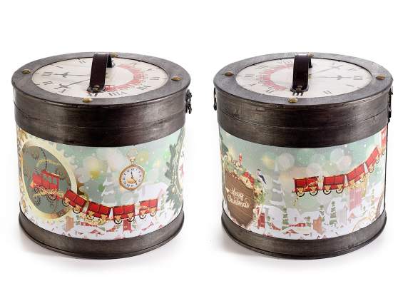 Set 2 baúles-sombrereros de madera con adornos navideños