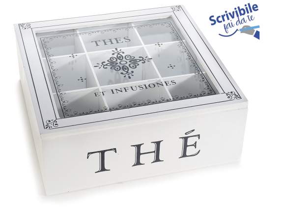 Caja para té y especias de madera y cristal con 9 compartime