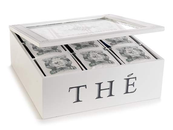 Caja para té y especias de madera y cristal con 9 compartime