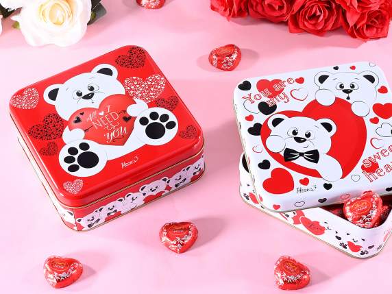 Caja metálica cuadrada con estampado de osito de peluche y c