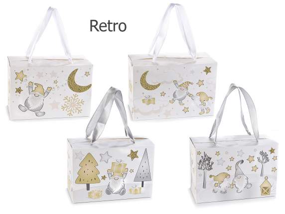 Caja de papel decorada con asas de satén y adornos de purpur