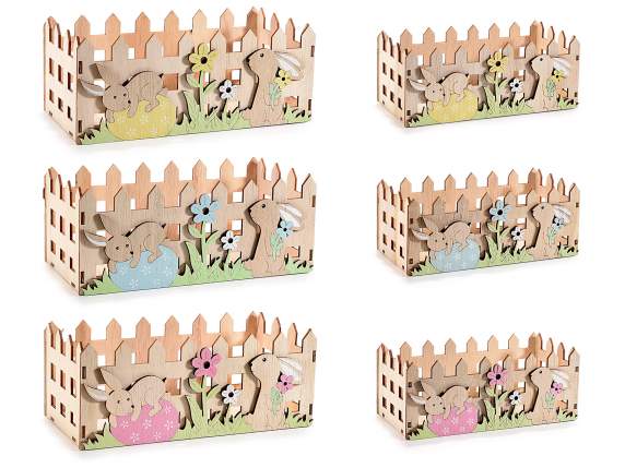 Juego 2 cestas de madera forma de valla y adornos de conejos
