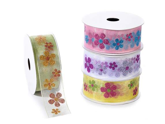 Cinta de organza de 38 mm con flores brillantes.