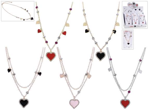 Collar de metal con corazones lacados y pedrería con tarjeta