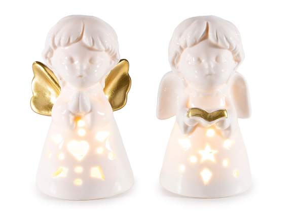 Ángel de porcelana brillante con detalles dorados y luz LED.