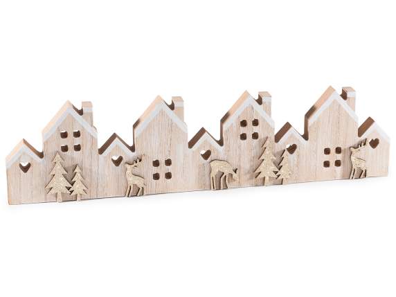 Decoración de pueblo de casa de madera con pinos y renos