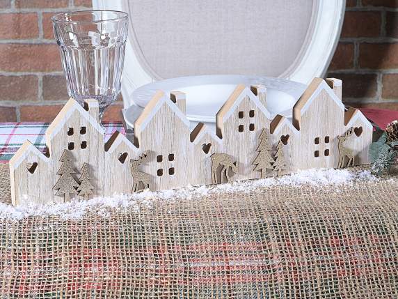 Decoración de pueblo de casa de madera con pinos y renos