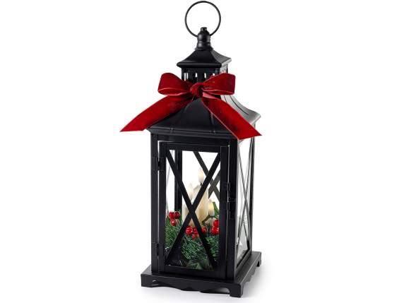 Farol de metal con lazo, guirnalda y 3 velas LED