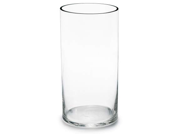 Jarrón cilíndrico de cristal transparente con borde cortado