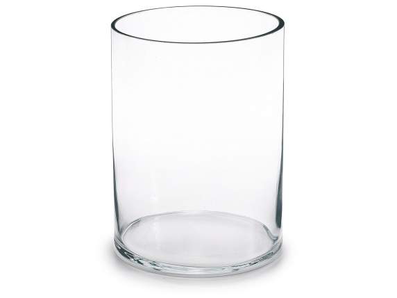 Jarrón cilíndrico de cristal transparente con borde cortado