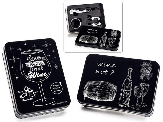 Caja metálica Wine lover con 3 accesorios sumiller para vino