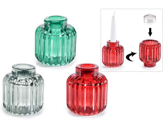 Portavelas de cristal estriado de colores con doble uso
