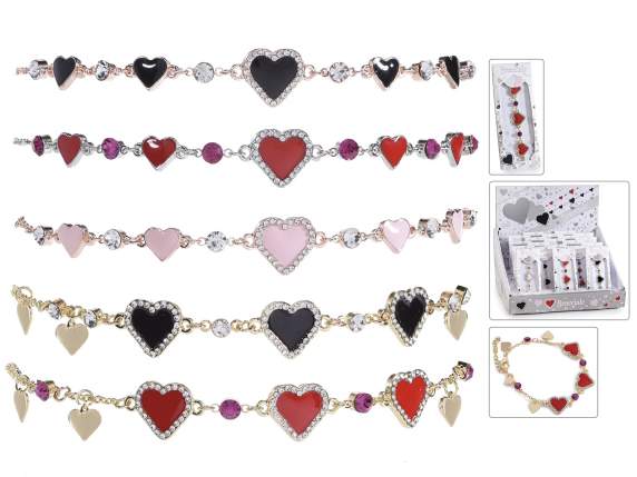 Pulsera metal con corazones lacados y pedrería con tarjeta