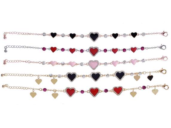 Pulsera metal con corazones lacados y pedrería con tarjeta