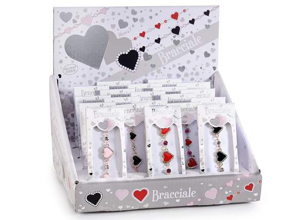 Pulsera metal con corazones lacados y pedrería con tarjeta