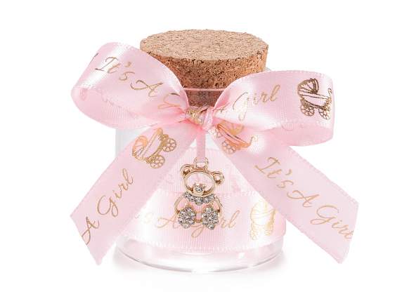 Tubo de ensayo con lazo rosa y colgante de osito de peluche