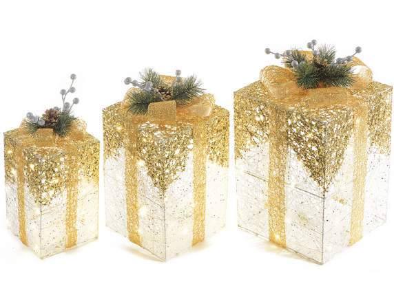 Set de 3 packs de regalo en metal dorado con luces led de co