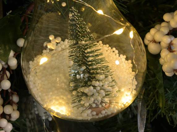 Bombilla de cristal con nieve, pino y luces LED para colgar