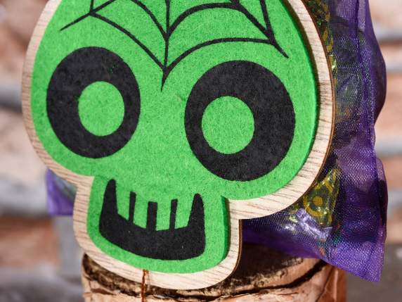 Decoración Halloween madera y tela para colgar con cascabel