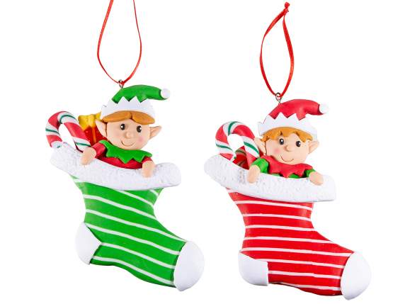 Calcetín navideño elfo en pasta de resina para colgar