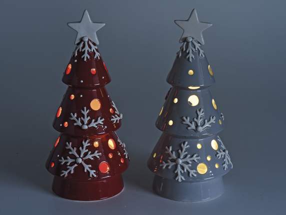 Árbol Navidad cerámica con luces LED y adornos en relieve