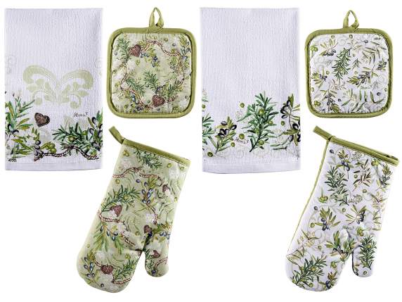 Conjunto de guante, agarradera y paño de cocina en algodón
