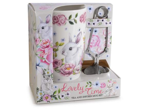 Juego taza porcelana 450ml y filtro acero, estampao conejos