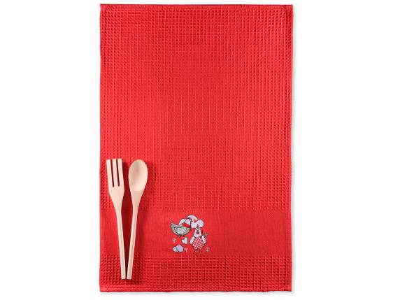 Set regalo: paño cocina de algodón bordado y 2 cubiertos