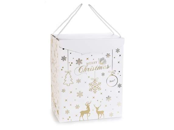 Caja de cartón con estampados navideños dorados y asas