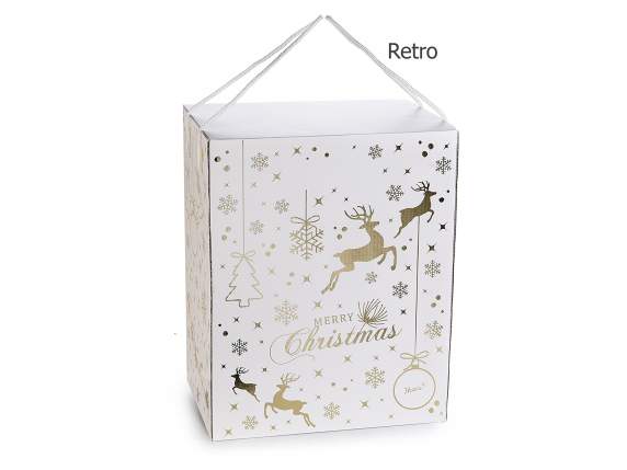 Caja de cartón con estampados navideños dorados y asas