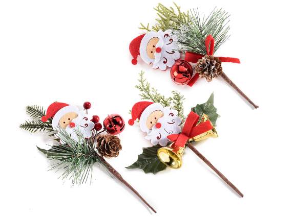 Mazzolino aghi di pino, campanella e Babbo Natale in panno