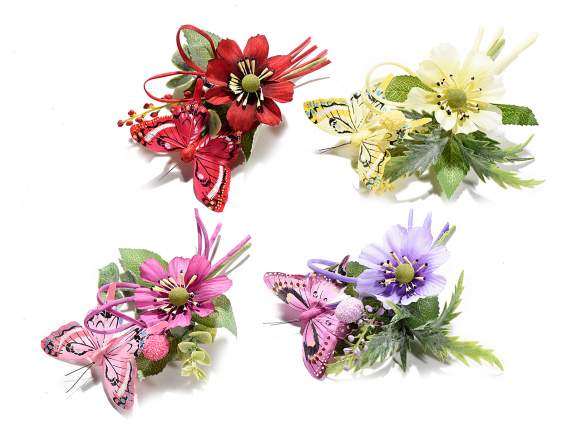 Mazzolino con anemone in stoffa,ovetto, fiocco e farfalla