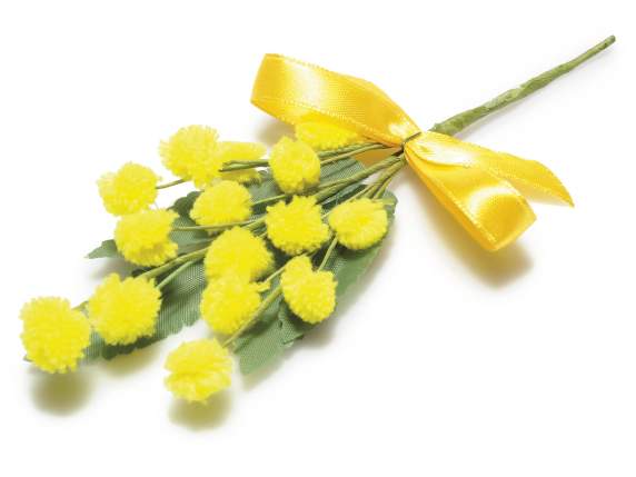 Mazzolino di mimosa artificiale con fiore lanoso e nastrino