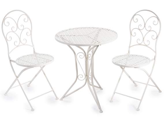 Set de mesa y 2 sillas de jardín de metal blanco perforado
