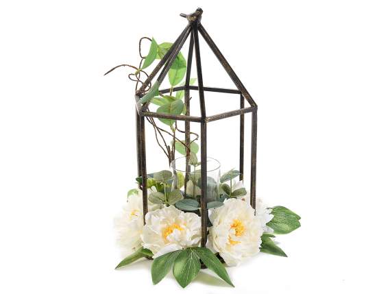 Metal cage with artificial peonies and candle holder vase