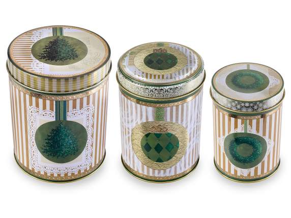 Set of 3 cylinder metal boxes with metallic print