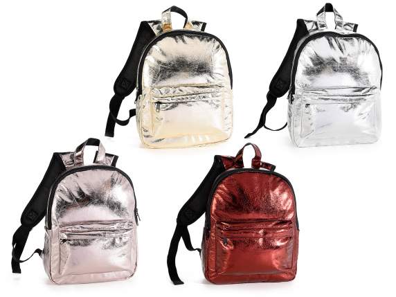Metallic hammered effect leatherette backpack with pocket