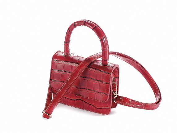Mini handbag in red crocodile effect imitation leather