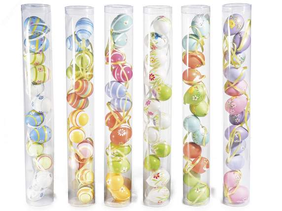 Tube de 12 mini oeufs décorés en plastique avec ruban à susp