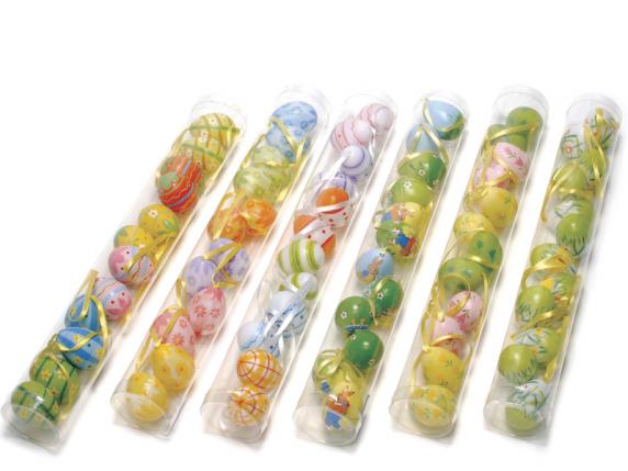 Tube de 12 mini oeufs décorés en plastique avec ruban à susp