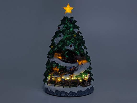 Sapin de Noël en résine avec 2 trains en mouvement, lumières